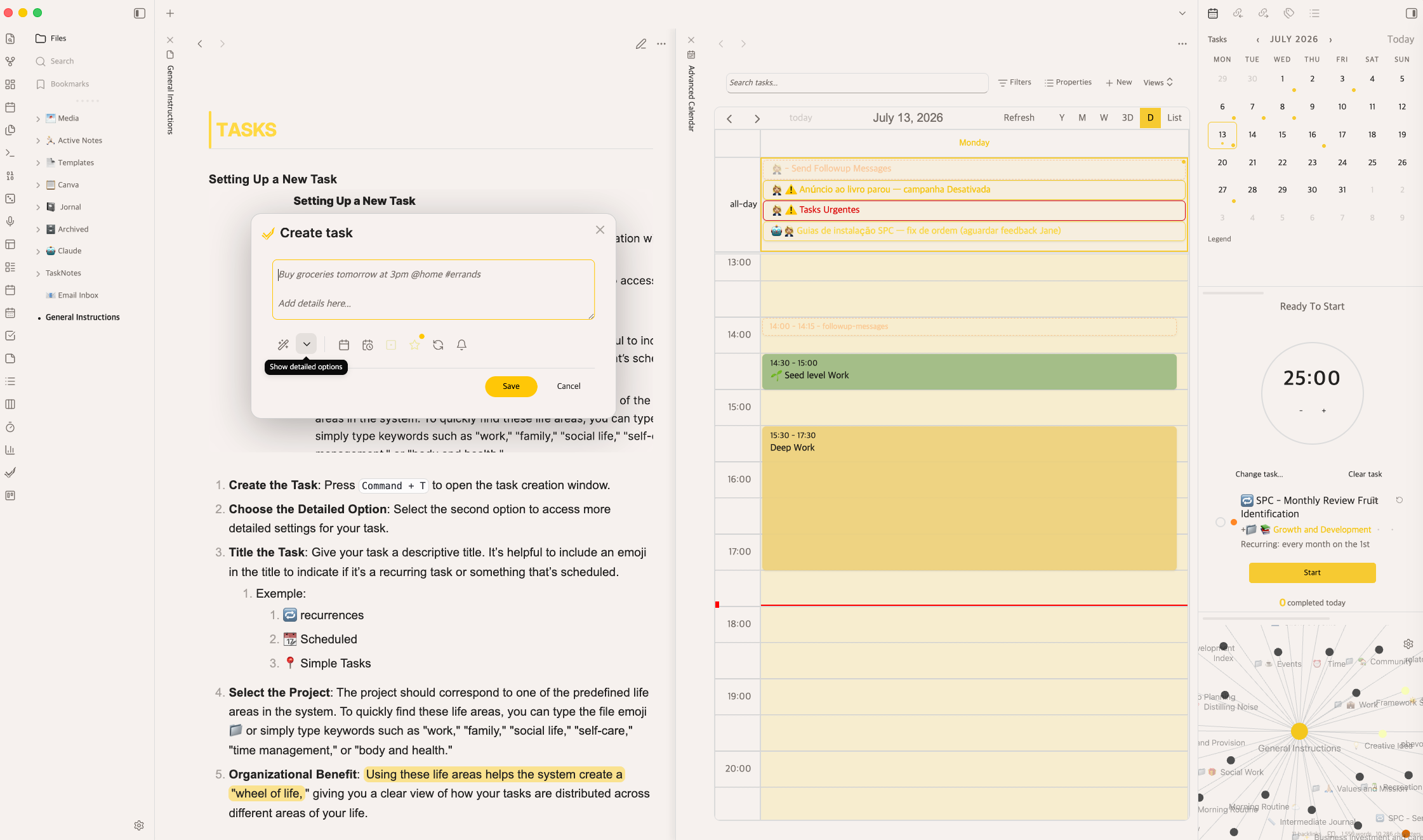 A real SPC daily calendar — a short green Seed Level block next to a long Deep Work block, with the Pomodoro timer running in the sidebar