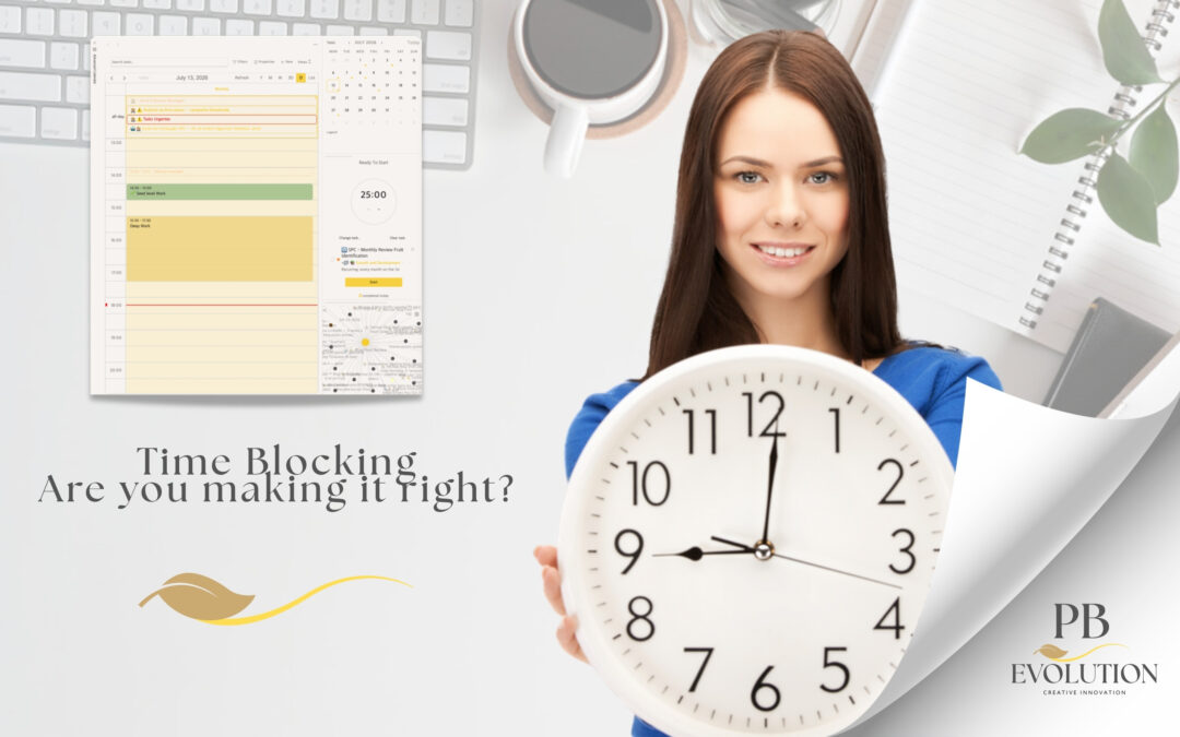 A woman holding a large clock beside a screenshot of a real SPC daily calendar with color-coded time blocks